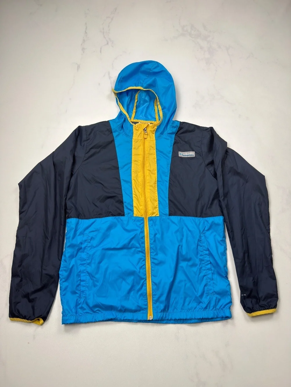Columbia Windbreaker Jacket Blue Yellow Colorblock Hooded - Boys XL
